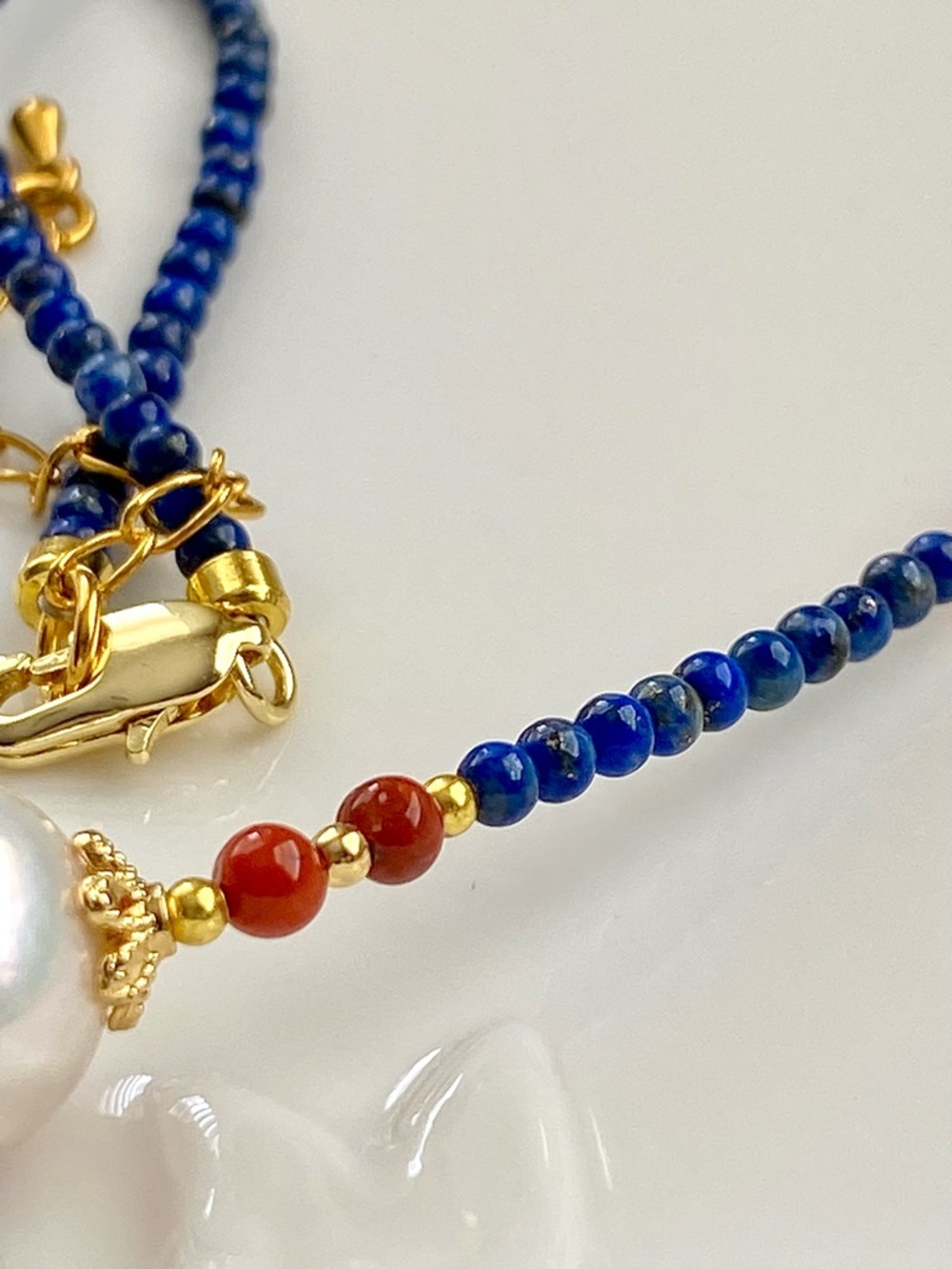 GP59-Lapis Lazuli, Red Agate And Edison Pearl Necklace - Picture 14 of 15